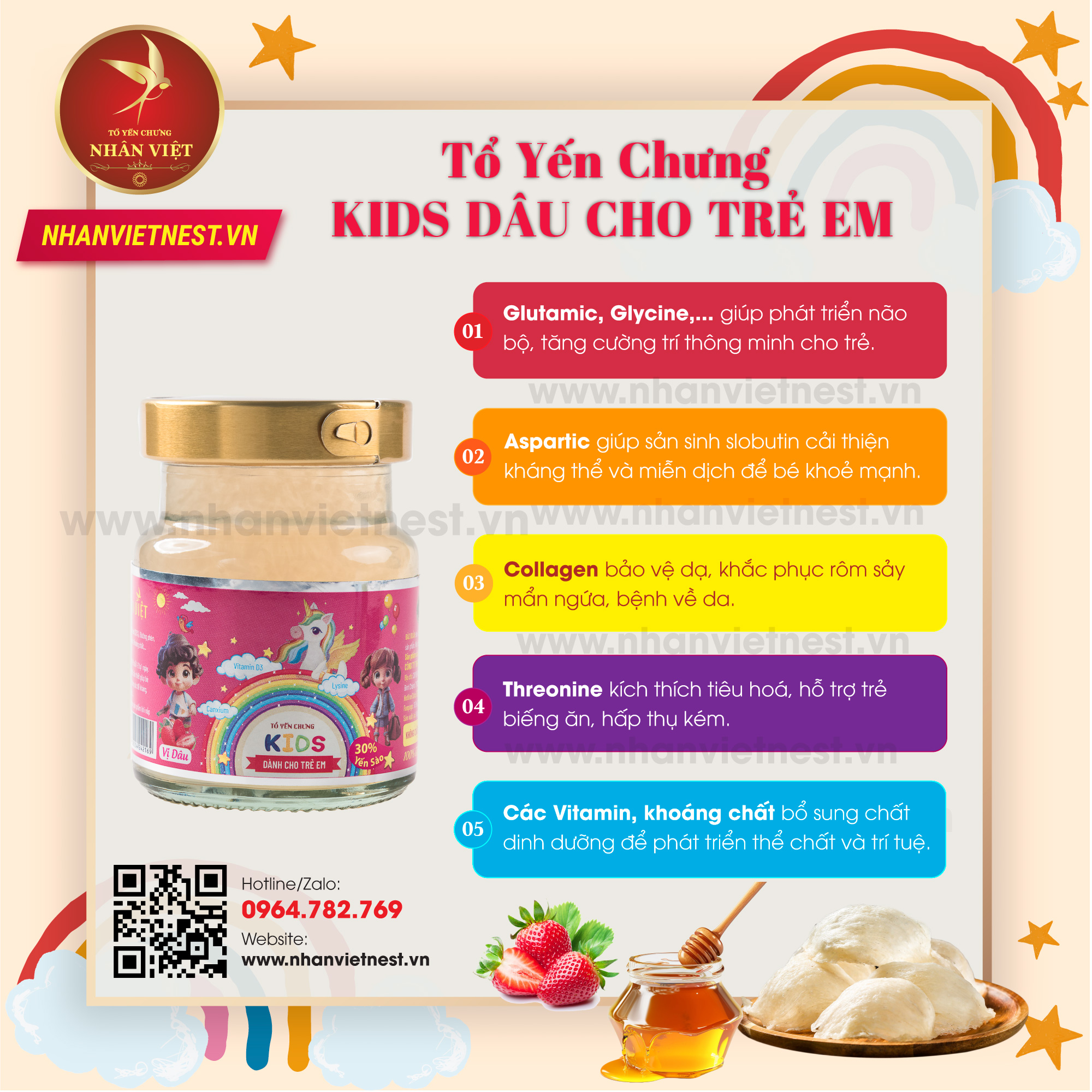 Công dụng Yến Sào Chưng sẵn vị dâu tây cho bé Nhân Việt Kids 30% yến