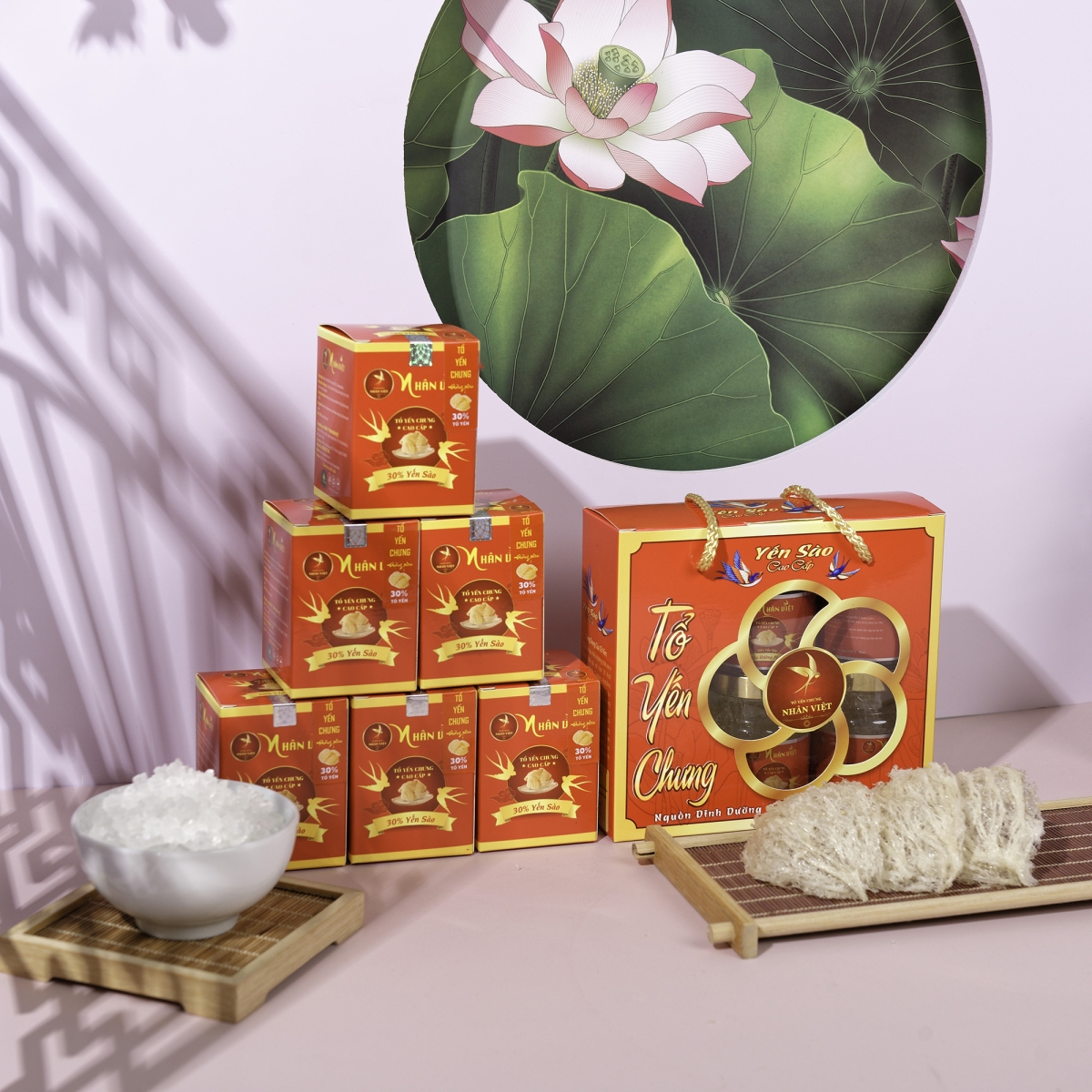 Giỏ mini 6 Hũ Yến Chưng Đường Phèn Nhân Việt 30% Yến Hũ 70ml