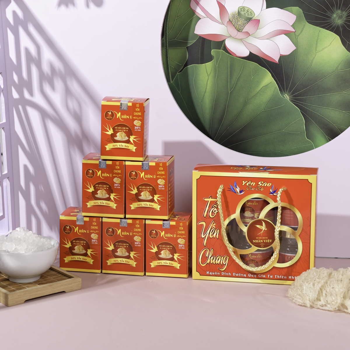 Giỏ mini 6 Hũ Yến Chưng Đường Phèn Nhân Việt 30% Yến Hũ 70ml