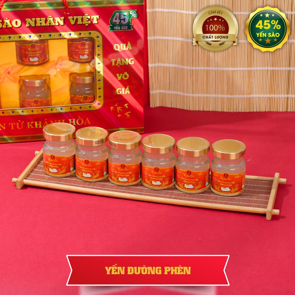 Hộp Quà Cao Cấp 6 Hũ Yến Sào Chưng Đường Phèn Nhân Việt 45% Yến