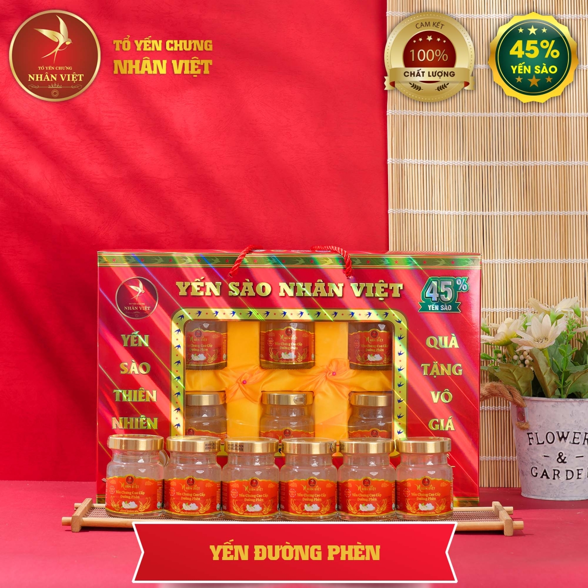 Hộp Quà Cao Cấp 6 Hũ Yến Sào Chưng Đường Phèn Nhân Việt 45% Yến