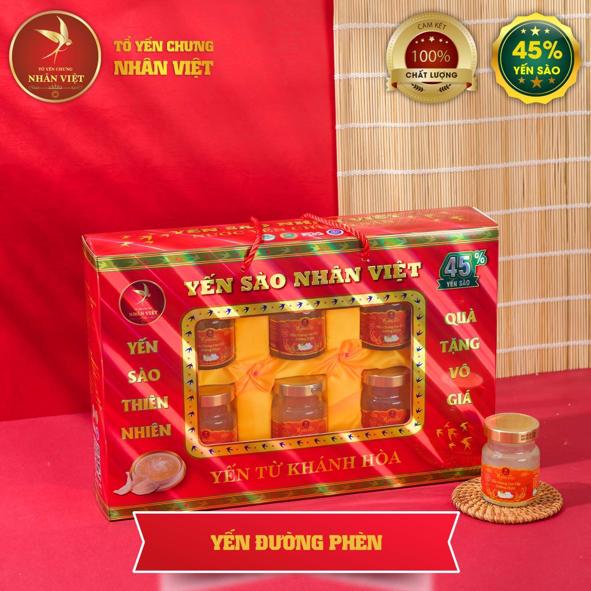 Hộp Quà Cao Cấp 6 Hũ Yến Sào Chưng Đường Phèn Nhân Việt 45% Yến