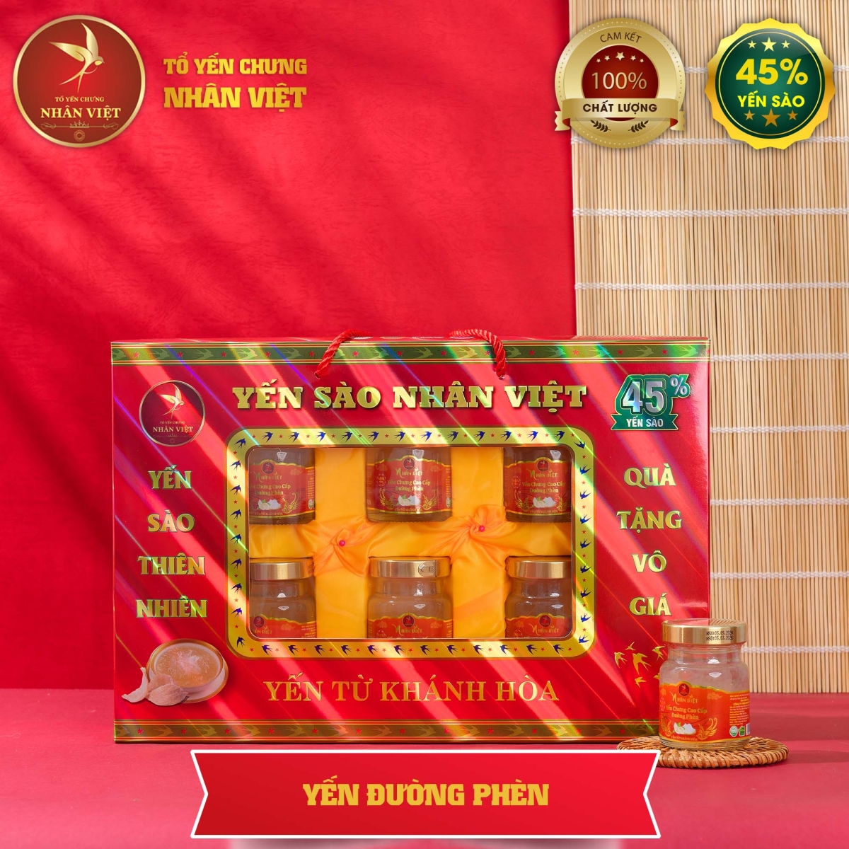 Hộp Quà Cao Cấp 6 Hũ Yến Sào Chưng Đường Phèn Nhân Việt 45% Yến