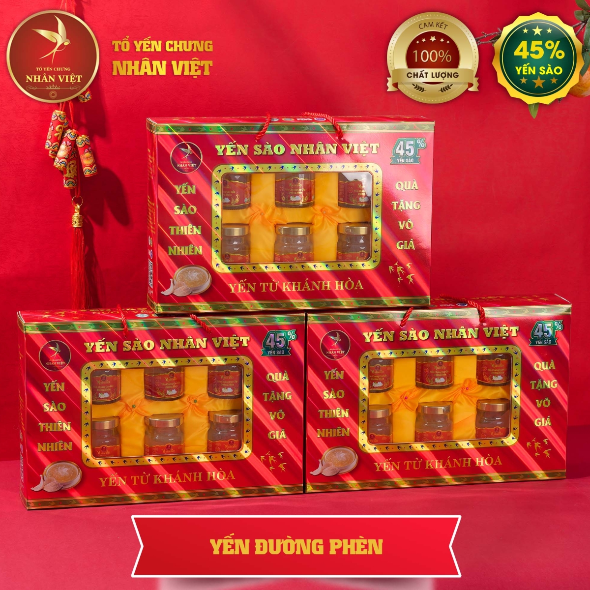Hộp Quà Cao Cấp 6 Hũ Yến Sào Chưng Đường Phèn Nhân Việt 45% Yến