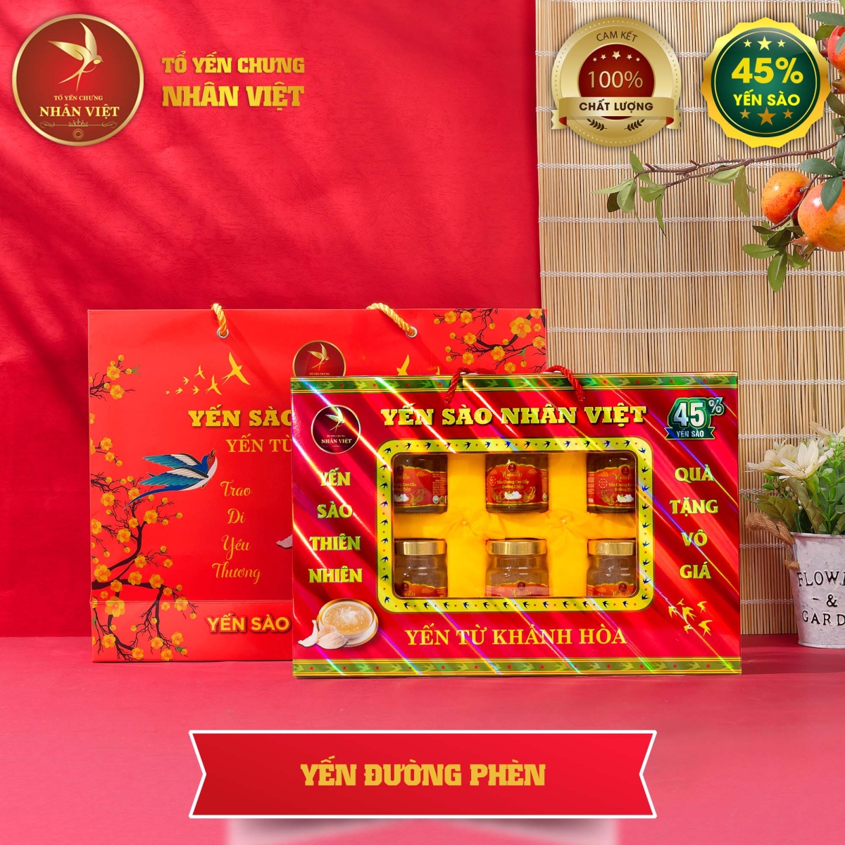 Hộp Quà Cao Cấp 6 Hũ Yến Sào Chưng Đường Phèn Nhân Việt 45% Yến