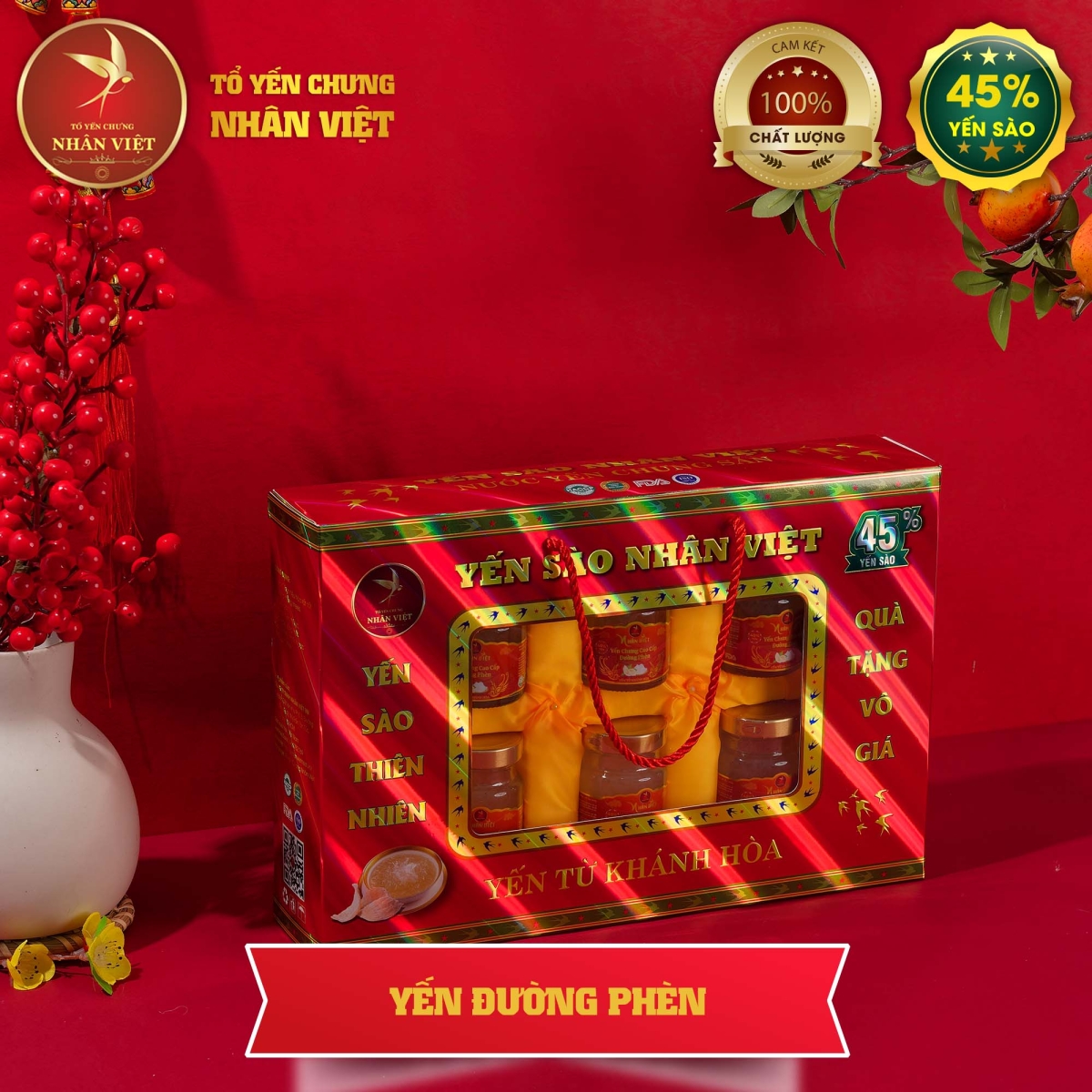 Hộp Quà Cao Cấp 6 Hũ Yến Sào Chưng Đường Phèn Nhân Việt 45% Yến