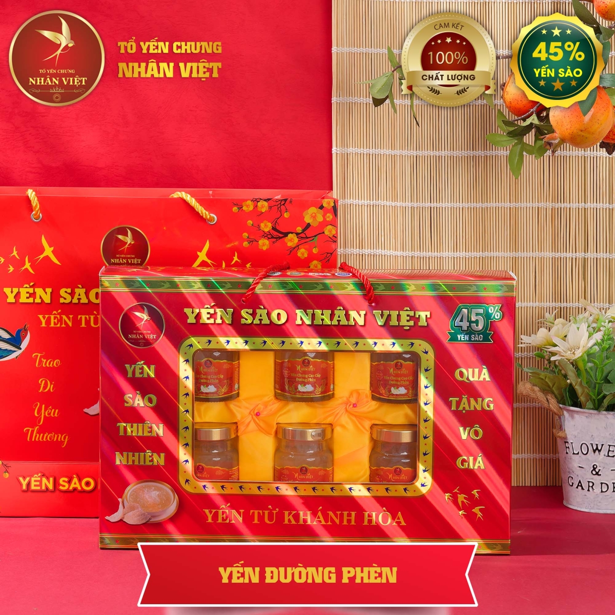 Hộp Quà Cao Cấp 6 Hũ Yến Sào Chưng Đường Phèn Nhân Việt 45% Yến