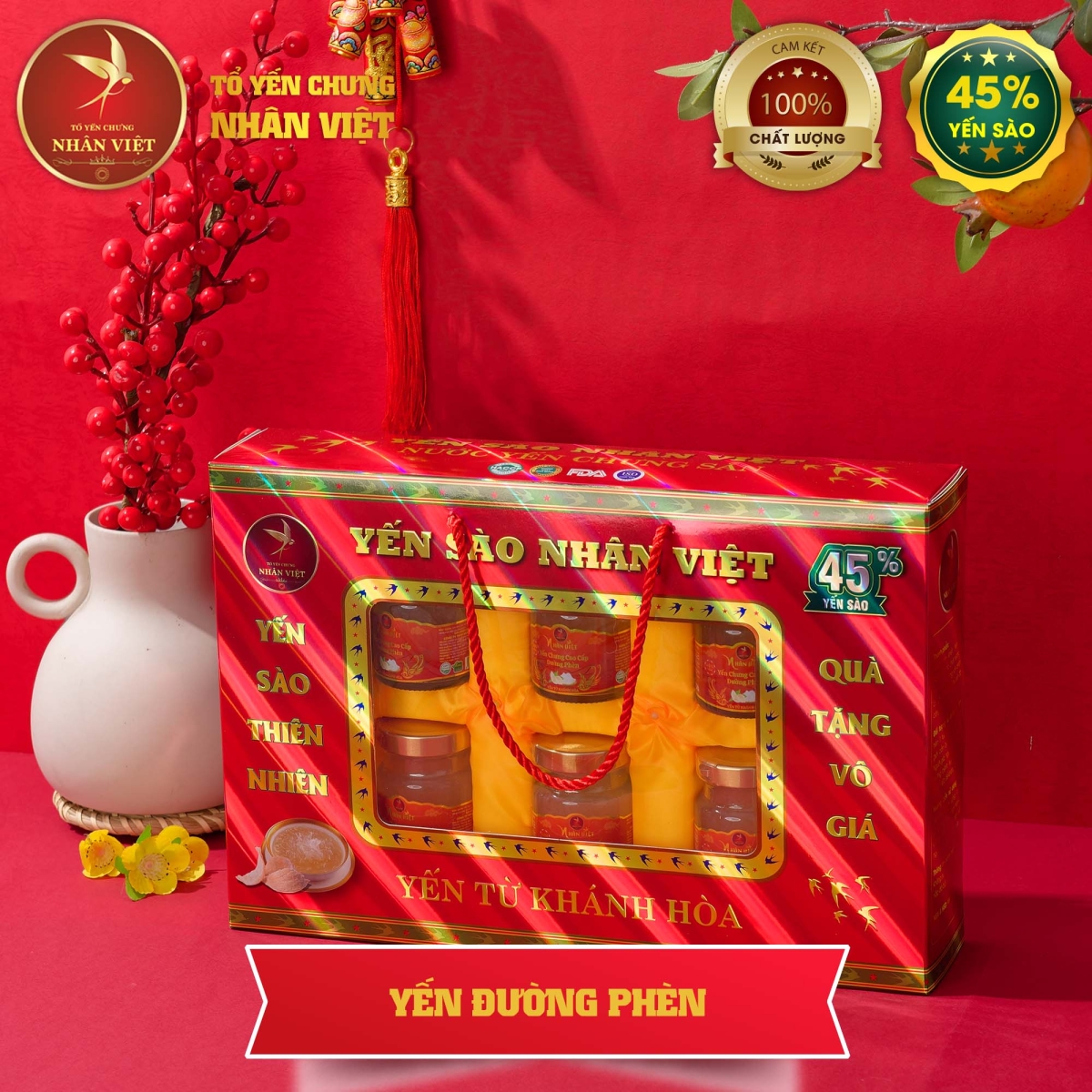 Hộp Quà Cao Cấp 6 Hũ Yến Sào Chưng Đường Phèn Nhân Việt 45% Yến