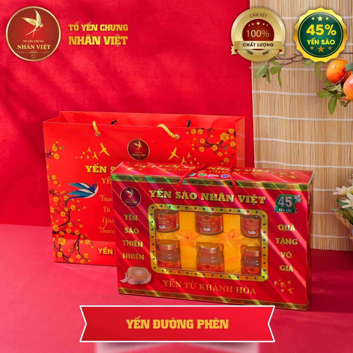 Hộp Quà Cao Cấp 6 Hũ Yến Sào Chưng Đường Phèn Nhân Việt 45% Yến