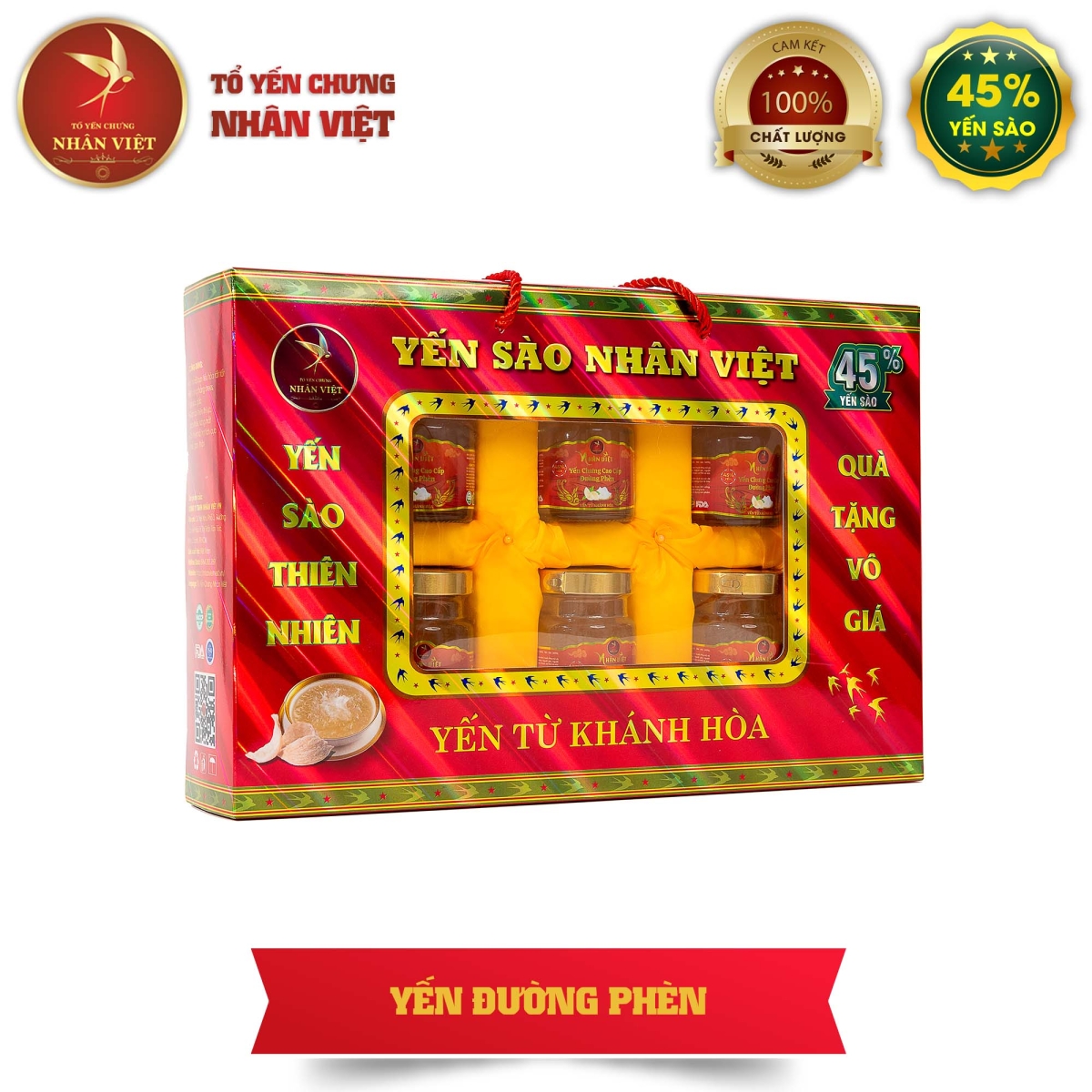 Hộp Quà Cao Cấp 6 Hũ Yến Sào Chưng Đường Phèn Nhân Việt 45% Yến