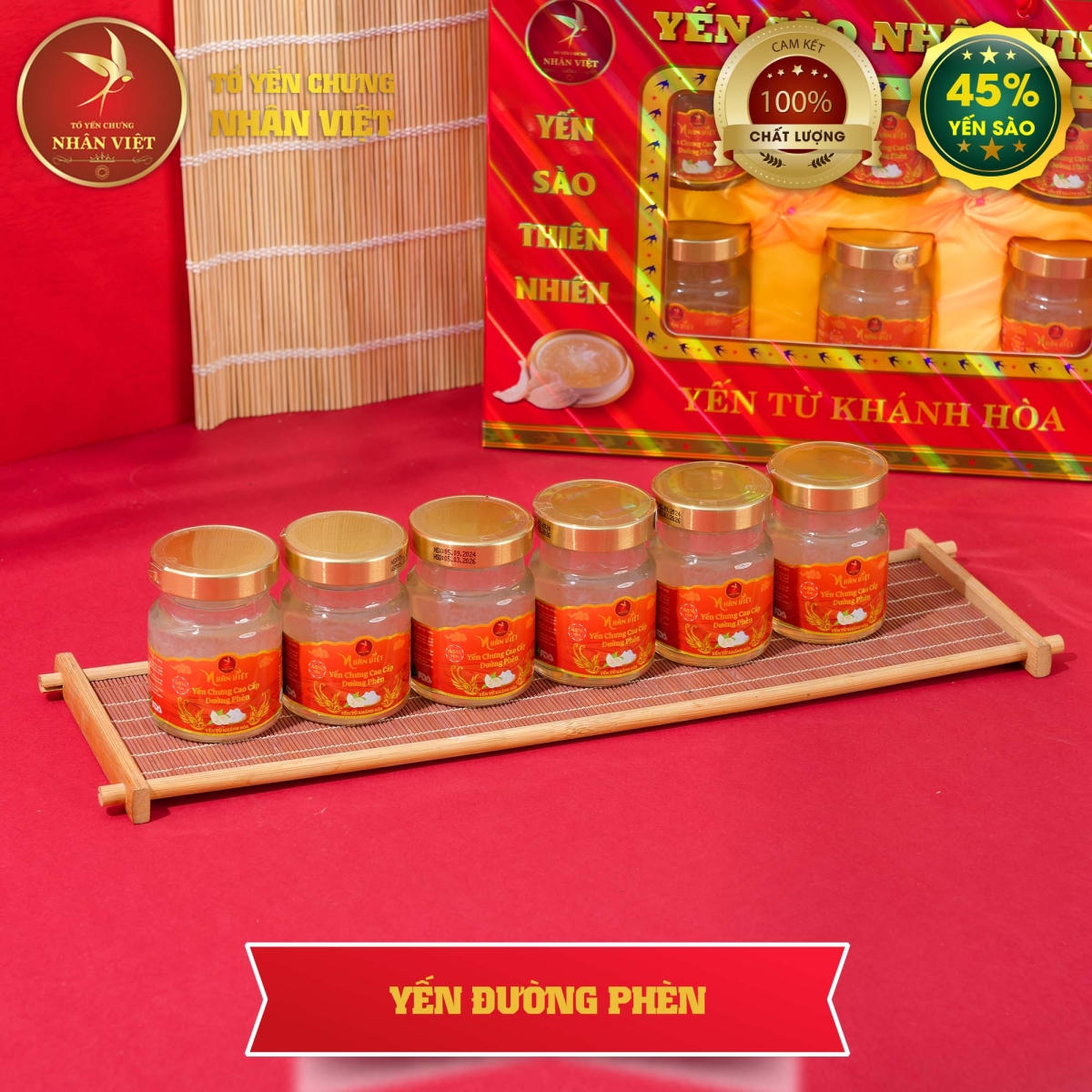 Hộp Quà Cao Cấp 6 Hũ Yến Sào Chưng Đường Phèn Nhân Việt 45% Yến
