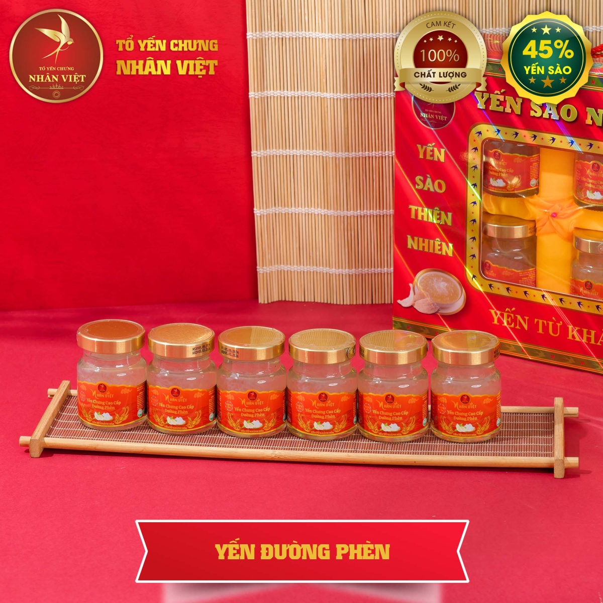 Hộp Quà Cao Cấp 6 Hũ Yến Sào Chưng Đường Phèn Nhân Việt 45% Yến