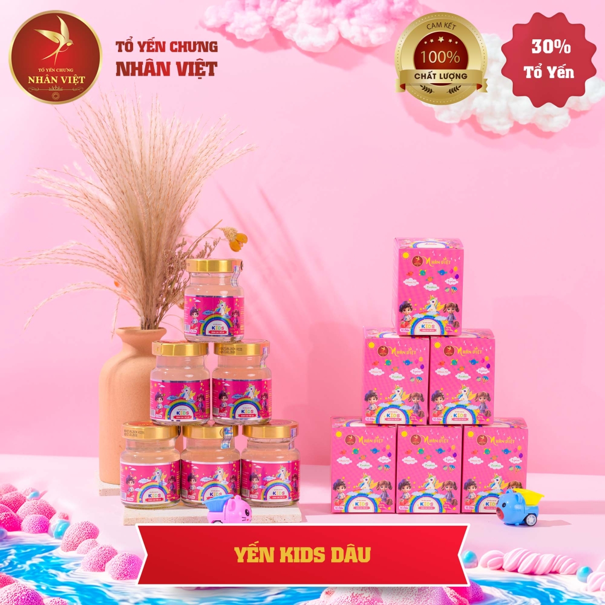 Lốc 6 Hũ Yến Sào Chưng Sẵn vị dâu tây Cho Bé Nhân Việt Kids 30% Yến Hũ 70ml